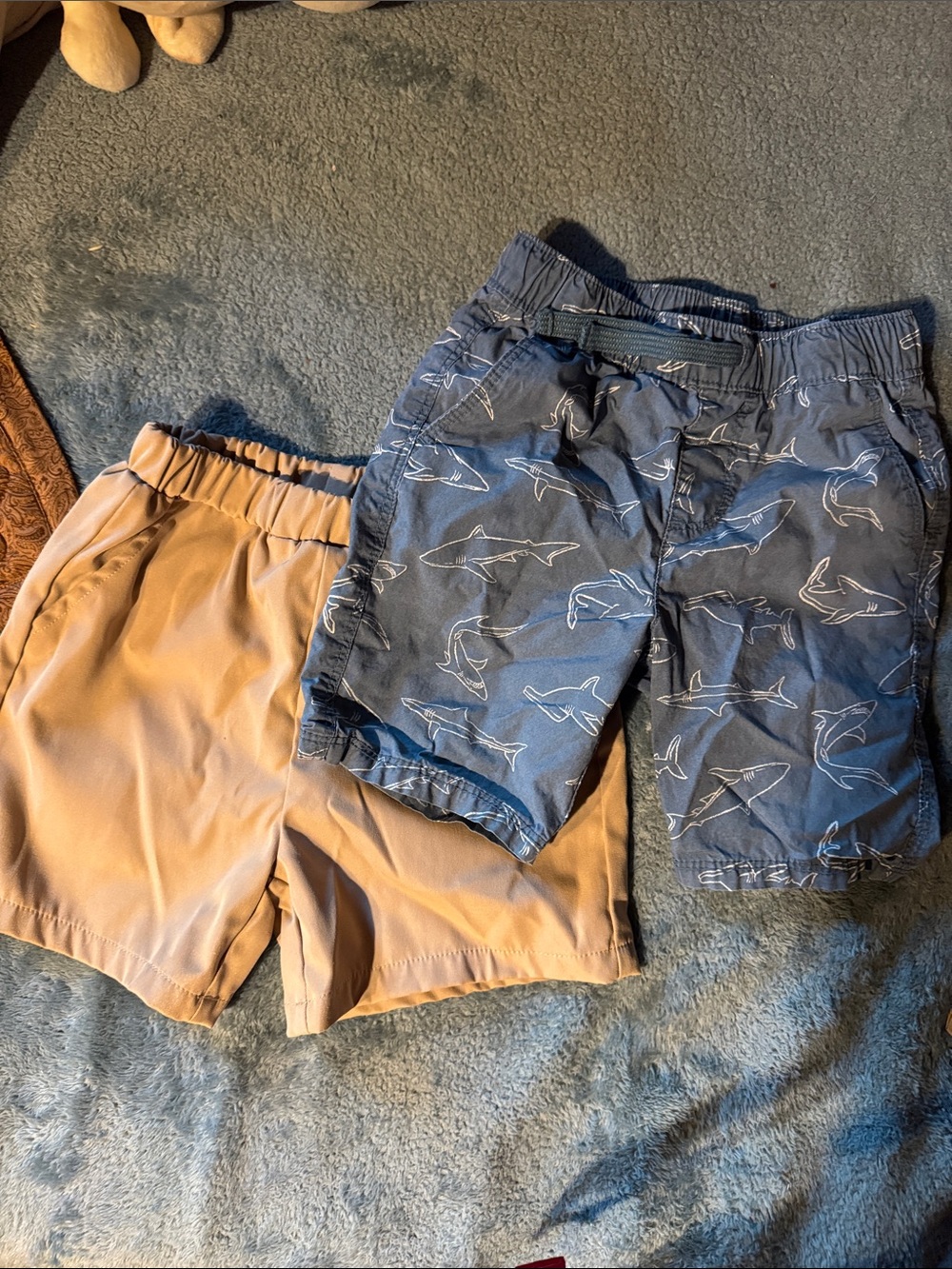 Boys Shark Print Blue Shorts + Tan Elastic Waist Shorts